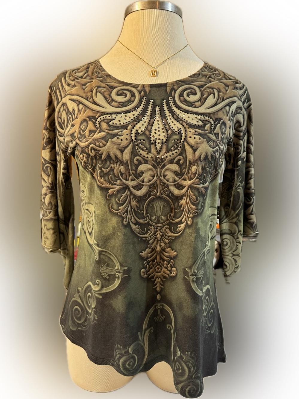 Vintage Dressbarn Y2K Fairy core Olive Green Studded Asymmetrical Bell Sleeves‎